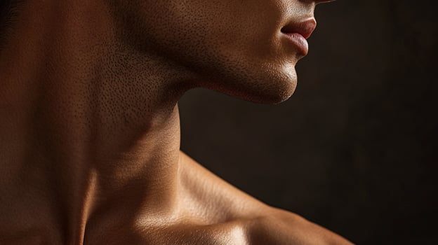 Profile of a person's neck and shoulders, emphasizing skin texture and subtle shadows against a neutral backdrop, in a close-up shot. photo