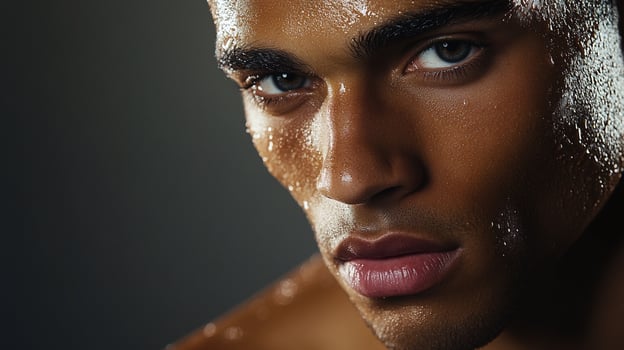 Close up of a sweaty man, his face glistening with droplets, illuminated against a neutral background. Focus on skin texture and intense gaze. photo