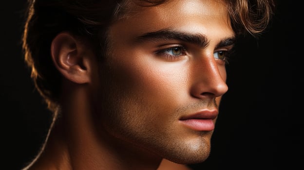 Striking profile of a young man with radiant skin and a confident gaze against a dark backdrop, creating a captivating portrait. photo