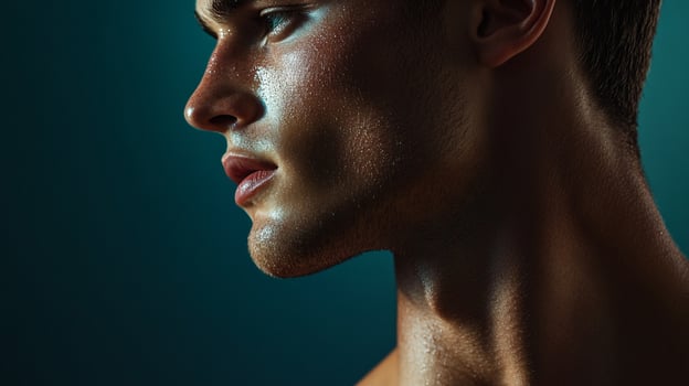 A profile shot of a man with sweat on his face, showcasing determination. The lighting emphasizes the contours of his face and neck. photo