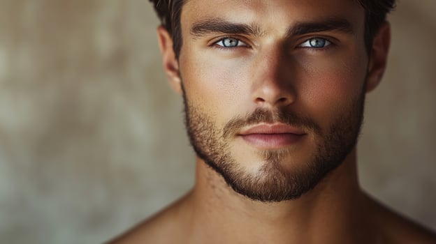 Close-up portrait capturing a man with piercing blue eyes, a well-groomed beard, and striking features against a neutral backdrop. photo