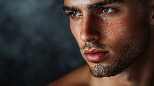 Intense gaze of a sweaty, handsome man in a close-up portrait, his face illuminated against a dark backdrop. photo