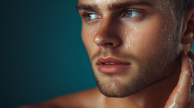 Portrait of a handsome man glistening with sweat, illuminated against a dark teal backdrop, conveying effort and intensity. photo