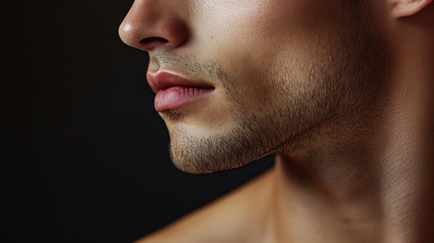 Close-up profile of a man's face against a black background. Focus is on his lips, beard, and jawline, highlighting grooming and skincare. photo