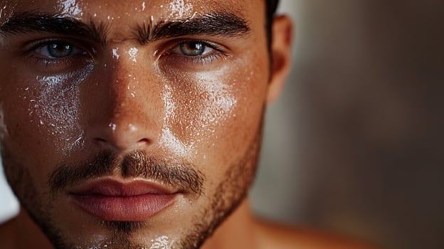 Intense gaze of a man with a glistening, dewy complexion, highlighting texture and raw beauty, under soft lighting. Detailed portrait. photo