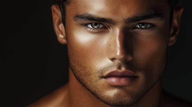 Portrait of a handsome male model with tan skin, illuminated by studio lighting, eyes are green, and brows are black. Short facial hair photo
