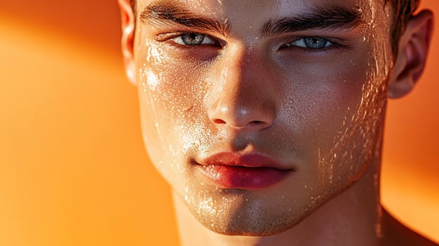 Close-up portrait of a man with a slightly glistening face, radiating health and a radiant glow against a warm, orange backdrop. photo