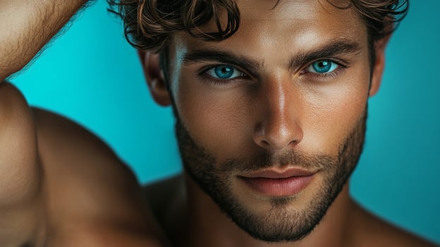 Striking portrait of a man with intense blue eyes and a chiseled face, set against a vibrant turquoise background. Modern artistry captured. photo