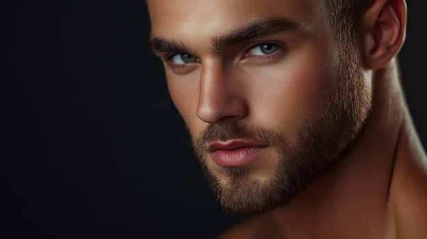 Portrait of handsome man. Attractive guy with beard and clear eyes looking to viewer on dark backdrop, closeup of face and neck. photo