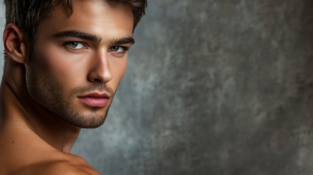 Portrait of a handsome man with a smoldering gaze, showcasing masculine features against a textured, neutral backdrop. Intense and alluring. photo