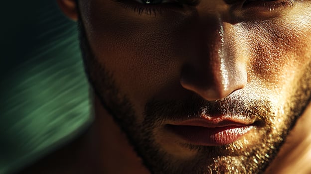 Close-up portrait captures intense gaze of a man. Focus on skin texture, facial hair, highlighted by dramatic lighting. photo
