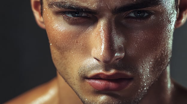 Close-up portrait of a handsome man with sweat glistening on his face, capturing a raw and intense moment of physical exertion. photo