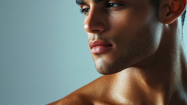 Striking studio portrait of a man with chiseled features, showcasing his smooth skin and intense gaze against a soft grey-blue background. photo