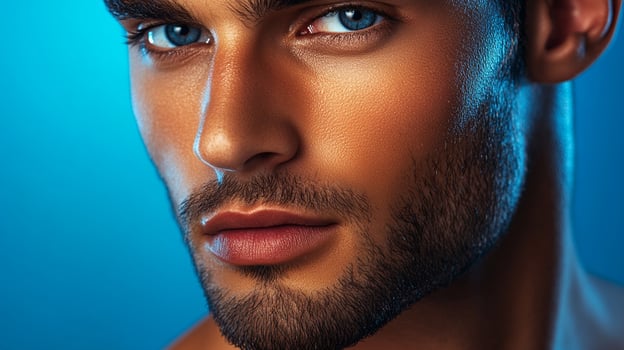 Portrait of a handsome, young man with blue eyes and a stylish beard, posing against a vibrant blue backdrop. Beauty and charm radiate. photo