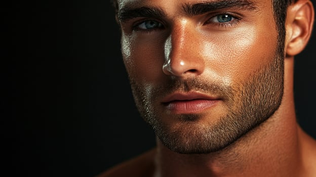 Close-up shot of a handsome man with piercing blue eyes and light stubble, exuding a sense of calm confidence and masculinity. photo