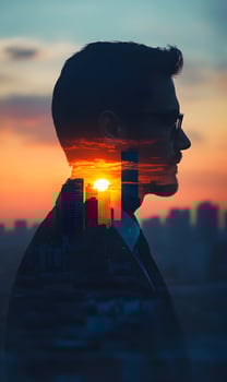 Urban dreams Businessman Profile Silhouette with Cityscape Sunset Double Exposure Concept photo