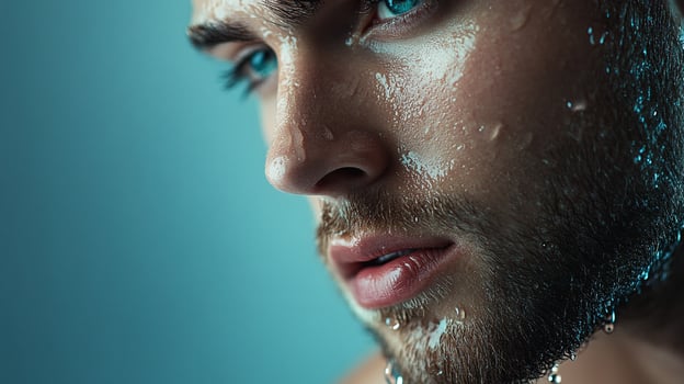 Close-up of a wet, bearded man with striking blue eyes against a teal background, highlighting skin texture and captivating gaze. photo
