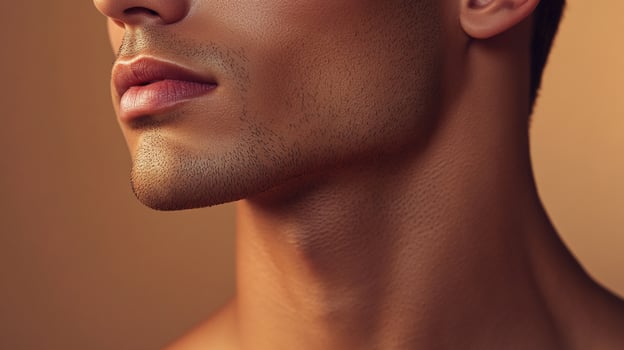 Close-up of a man's jawline and neck showing skin texture and light stubble against a muted neutral background. Soft, professional lighting. photo