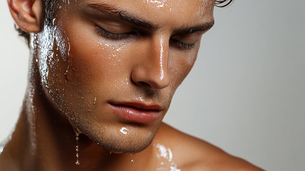Close-up of a man's face and upper body glistening with water droplets, conveying freshness or exertion against a neutral backdrop. photo