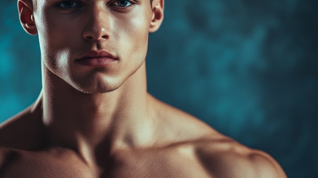 Striking portrait of a handsome man with intense eyes and defined features, set against a deep blue background. Confidence radiates. photo