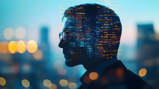 Visionary city planning double exposure concept with cityscape and pensive silhouette photo