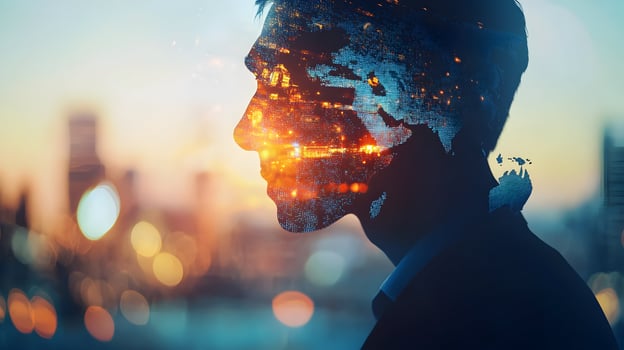 Global connectivity and urban contemplation, conceptual synergy between mind and metropolis photo