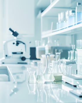 Modern laboratory interior with microscope, glassware photo