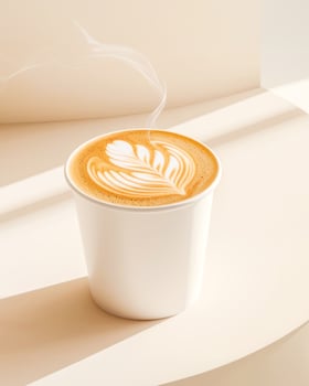 Takeaway coffee cup with creamy latte art, bathed in soft natural light. Warm and stylish caf concept, perfect for modern coffee culture, coffee to go, cozy morning, and premium barista aesthetics photo