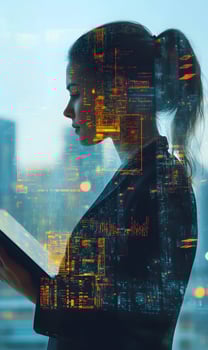Digital interface overlayed on woman holding a tablet, merging technology and femininity photo