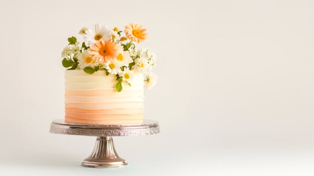 Creative holiday cake with peach hues with fresh daisies on vintage stand photo