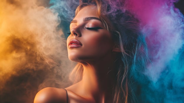 Serene woman surrounded by colorful smoke. Eyes closed, elegant makeup, hair flowing. Captivating and ethereal beauty in a vibrant setting. photo