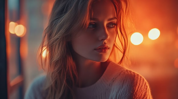 Warm portrait of a woman with flowing hair, soft lighting, and a cozy sweater, exuding tranquility and warmth. photo