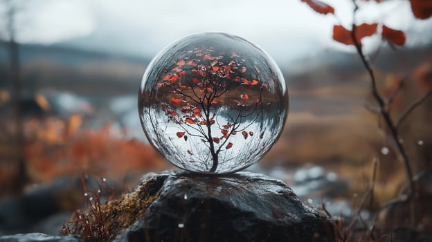 Autumn tree captured in a crystal ball atop a mossy rock, reflecting nature's beauty in a serene, blurred landscape setting. photo