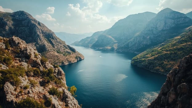 Serene waters wind through towering mountains under a sky scattered with clouds. Nature's beauty unfolds in a captivating landscape. photo