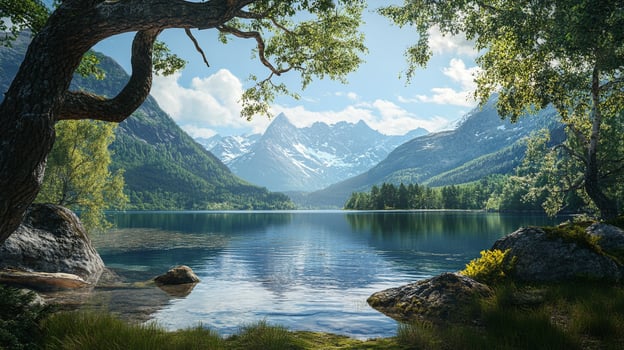 Scenic mountain lake landscape featuring snow-capped peaks, lush forests, and tranquil waters under a bright, blue sky. photo