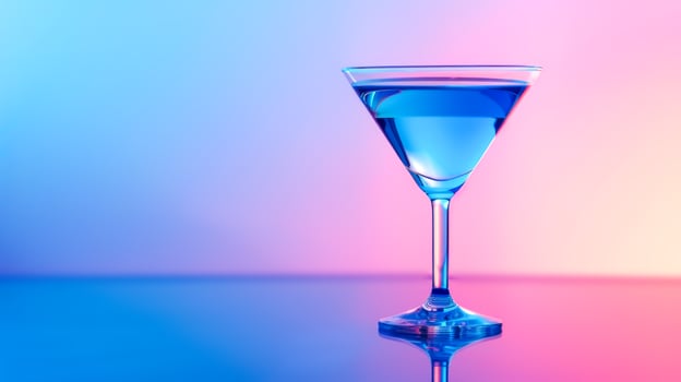 Blue martini cocktail in classic martini glass on reflective surface with copy space photo