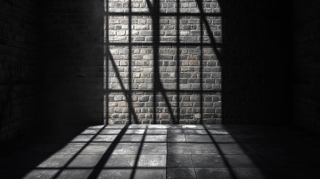 Sunlight streams through a barred window, casting stark shadows across the textured brick wall and tiled floor in an otherwise dark space. photo