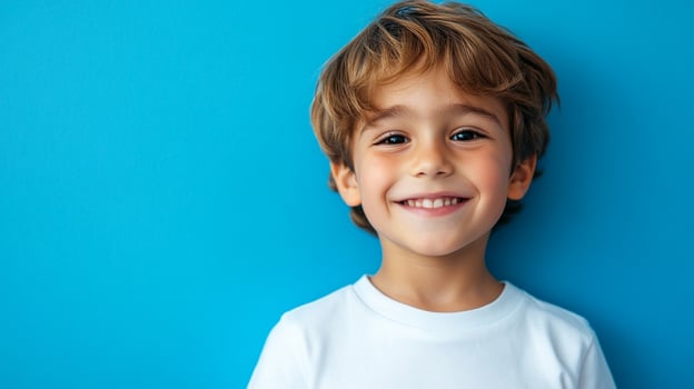 Adorable boy with a bright, cheerful smile against a vibrant blue backdrop. His happiness is infectious and the picture is heartwarming. photo