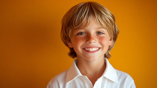 A joyful young boy with blond hair and a bright smile poses against a vibrant orange backdrop, radiating happiness and innocence. photo