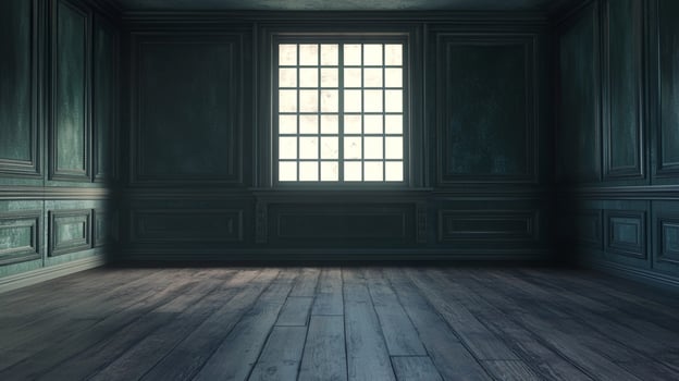 Moody interior with dark wood paneling, large window, and aged floors, creating an atmosphere of elegant decay and historical resonance. photo
