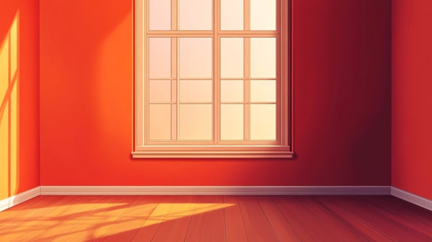Sunlit room with orange walls, wooden floor, and a window with natural light creating shadows. Warm, inviting, and simple interior design. photo