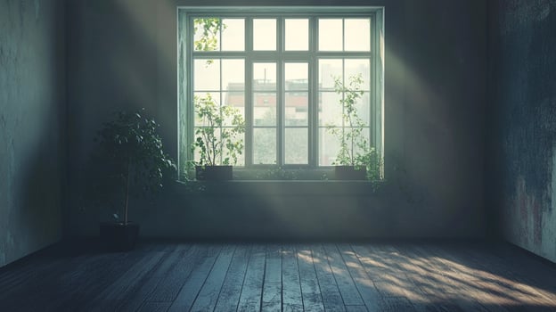 Sunlight streams through a large window into an old, dimly lit room with a hardwood floor and potted plants on the windowsill. photo