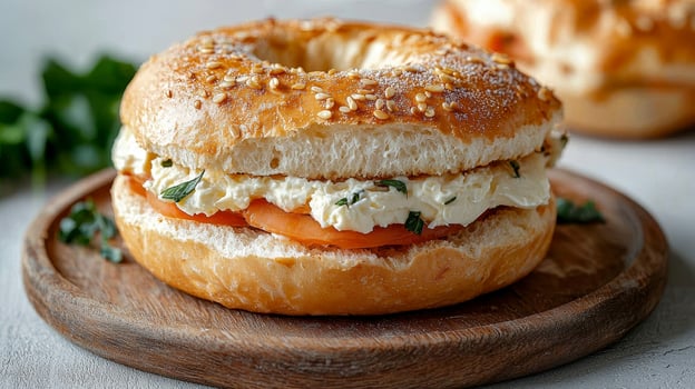 Indulge in the delightful experience of a fresh, golden bagel topped with creamy, herbed cream cheese and a vibrant slice of ripe tomato, creating a symphony of flavors and textures that tantalize photo
