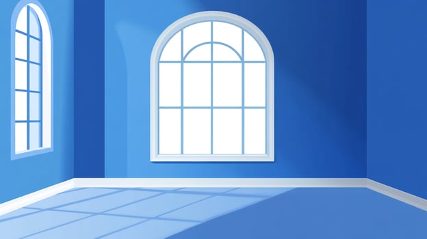 A bright blue room is illuminated by sunlight streaming through two windows, casting shadows on the floor. The room is minimal and modern. photo