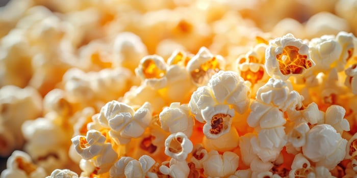 Popcorn bursts with warmth and flavor in a close-up view showcasing its fluffy texture in natural light photo