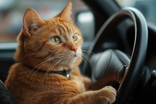 Ginger tabby cat driving a car with paws on steering wheel photo