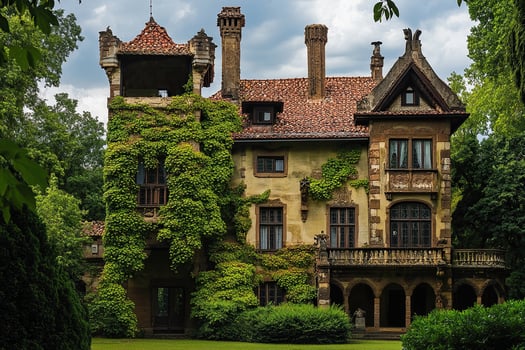 Ivy-covered mansion, garden, cloudy day, estate sale photo