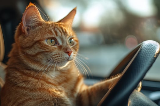 Ginger tabby cat driving car holding steering wheel photo
