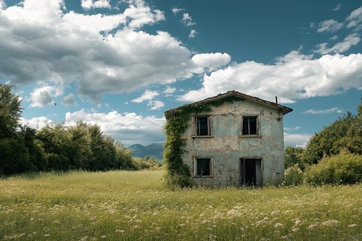 Abandoned house, field, vine, mountains, summer photo