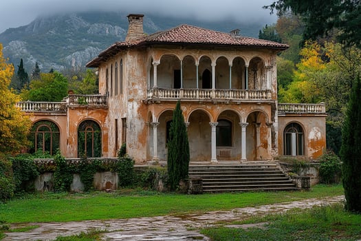 Autumnal mountain villa ruin, overgrown garden photo